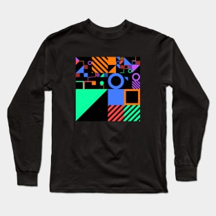 Colorful Neo Geo Squares Triangles and Circles in Black Green Yellow Blue Red Long Sleeve T-Shirt